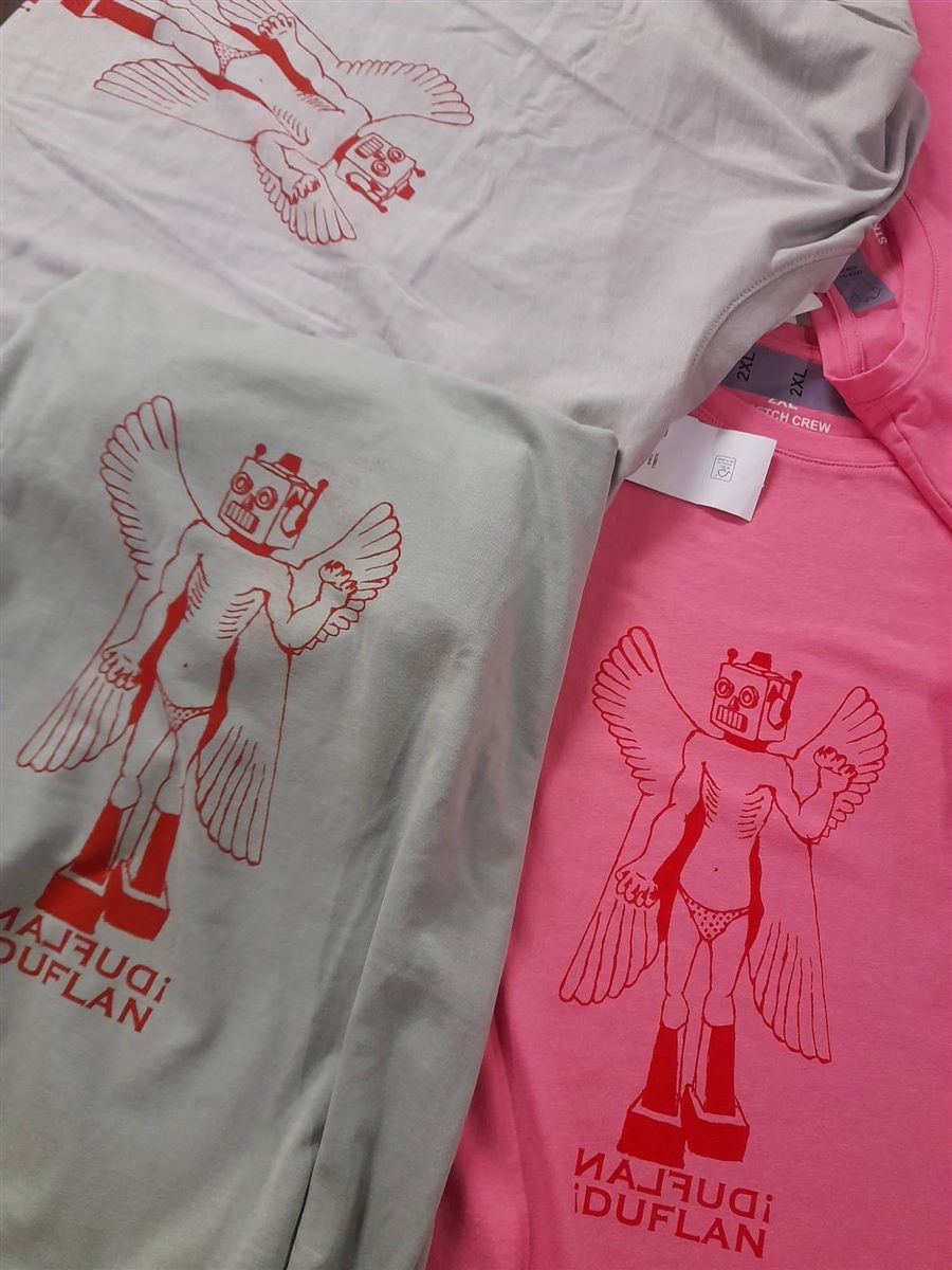 Tee-shirts ¡ Duflan Duflan ! gris et rose avec Pazuzu imprimé en rouge